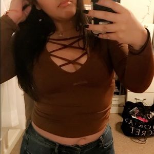 Long sleeve, brown, lace up top